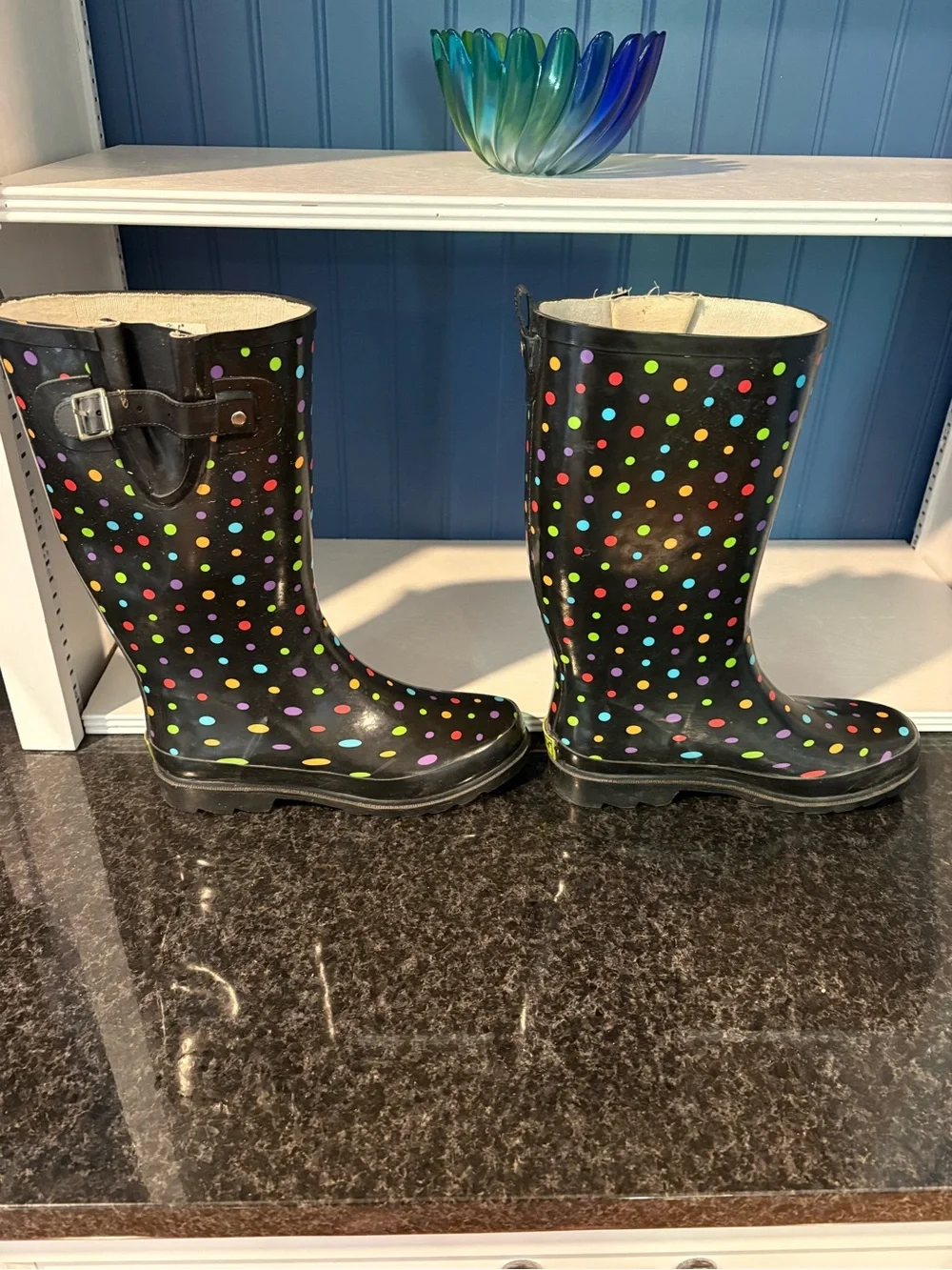 Western Chief Black Rain Boots with Multicolor Polka Dots